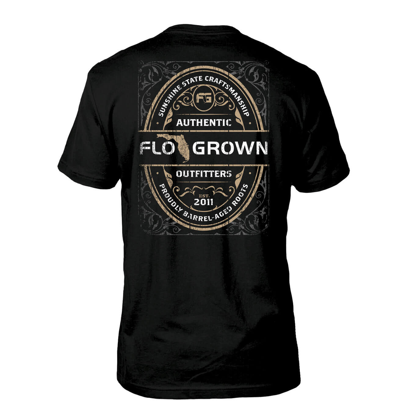 Black tee with a vintage graphic on the back in the style of a whiskey label with the FloGrown logo in the middle.