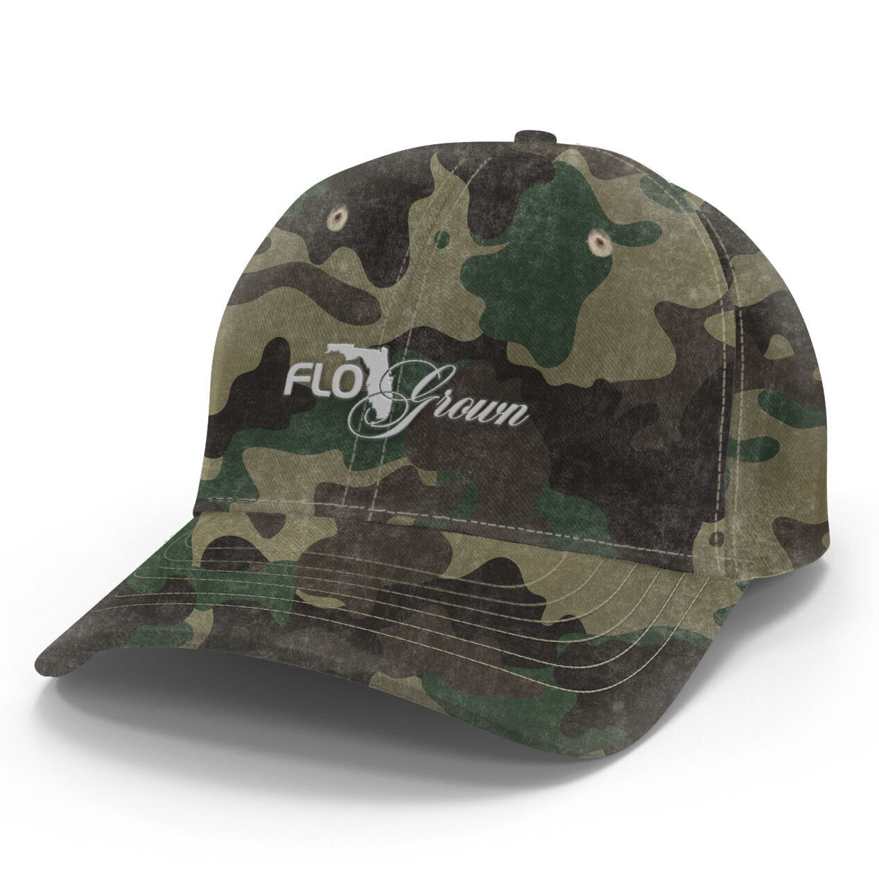 Camouflage baseball cap with 'FLO Grown' logo on crown in white.