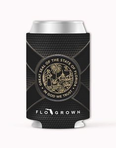 Black can cooler with Florida state seal and 'FloGrown' logo.