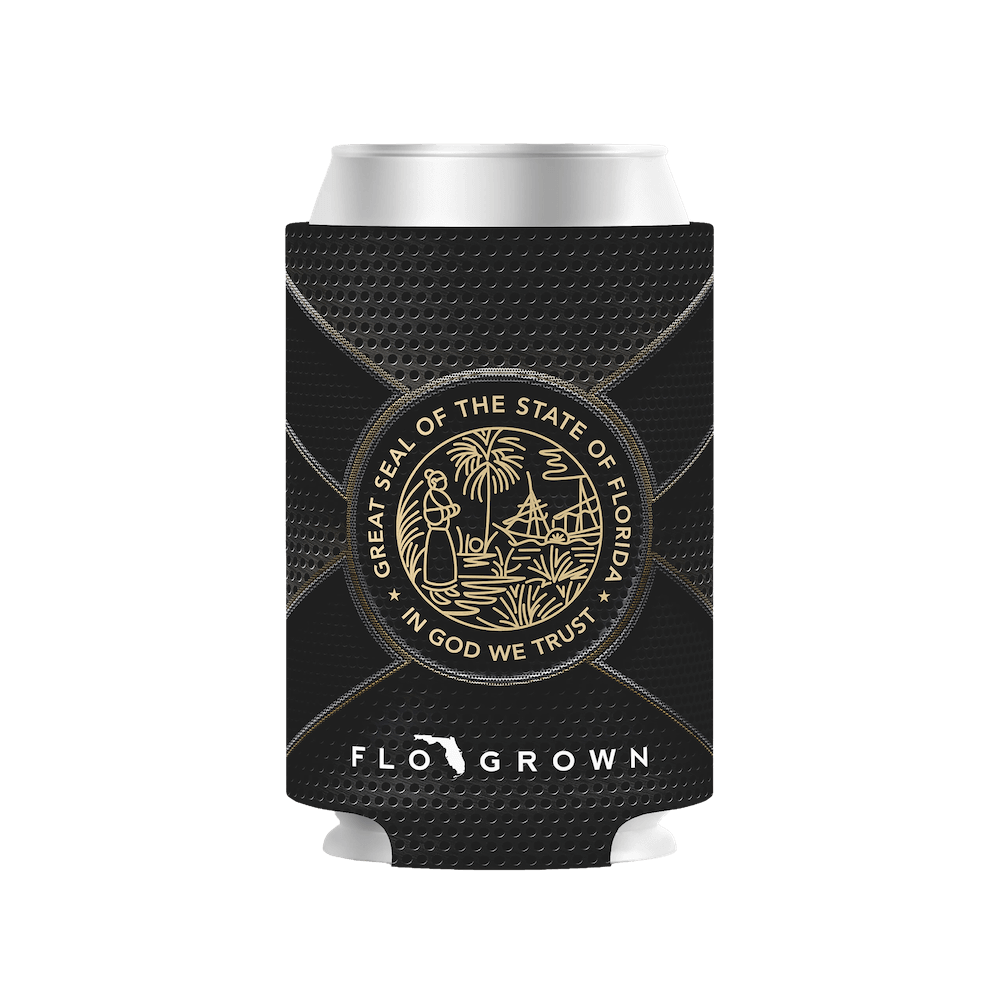 Black can cooler with Florida state seal and 'FloGrown' branding.