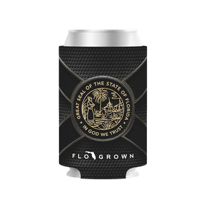 Black can cooler with Florida state seal and 'FloGrown' branding.
