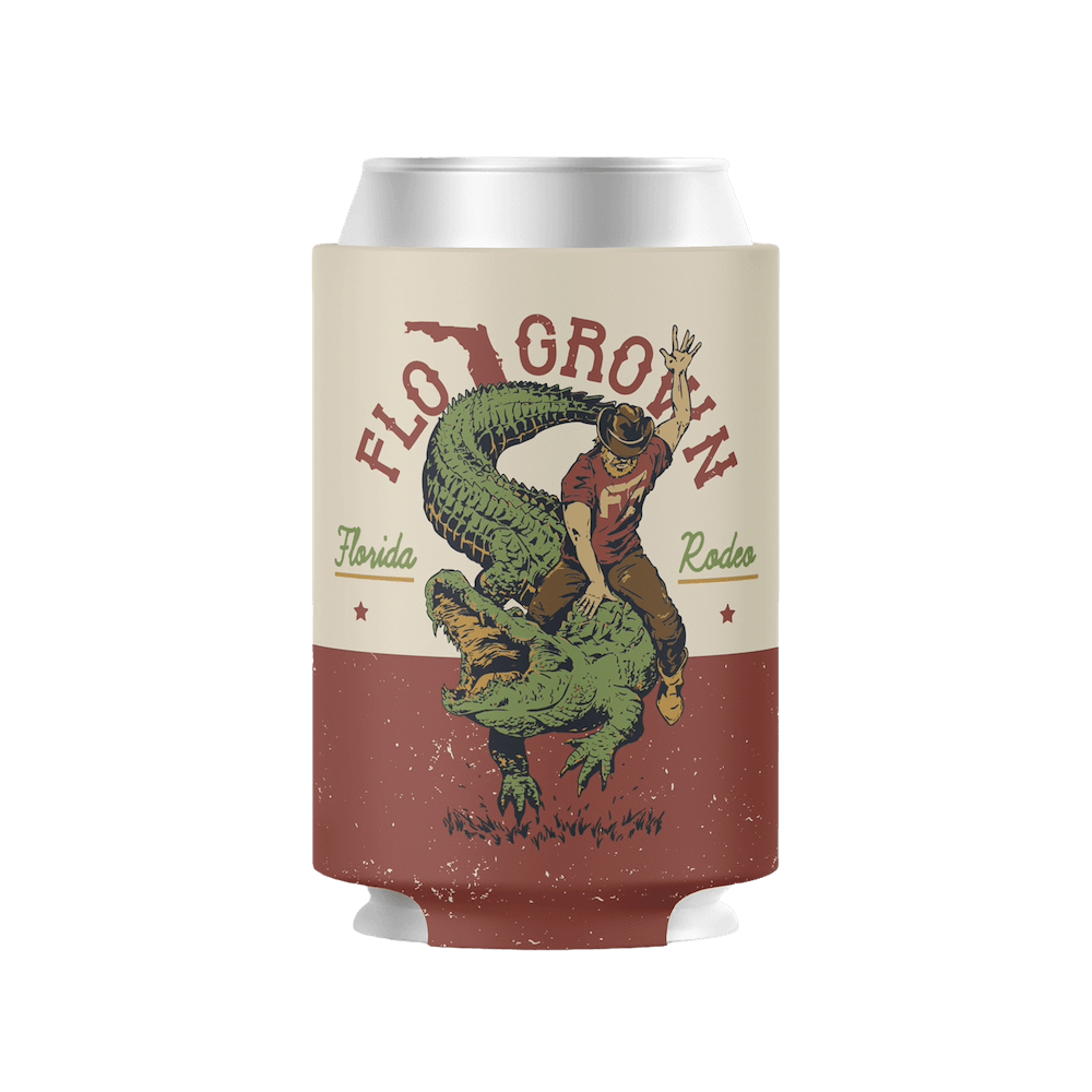 Can cooler with graphic design of person riding an alligator and text on a white background