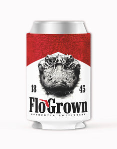 Can cooler with a graphic of a gator and 'FloGrown' branding on a white background