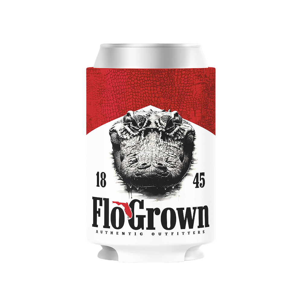 Can cooler with alligator design and 'FloGrown' branding on a white background