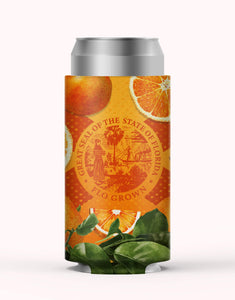 Koozie with Florida state seal and orange slices design.