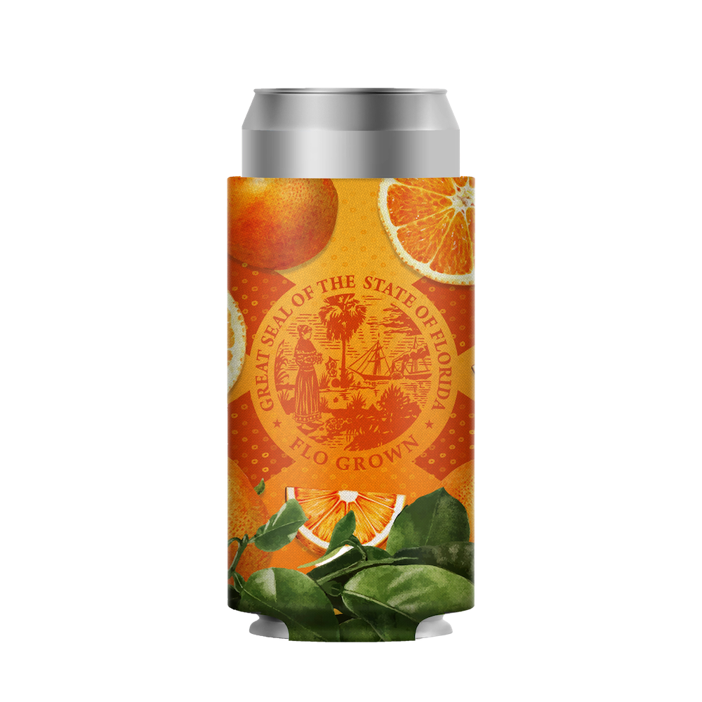 Koozie with Florida state seal and orange slices design.