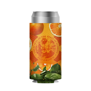 Koozie with Florida state seal and orange slices design.