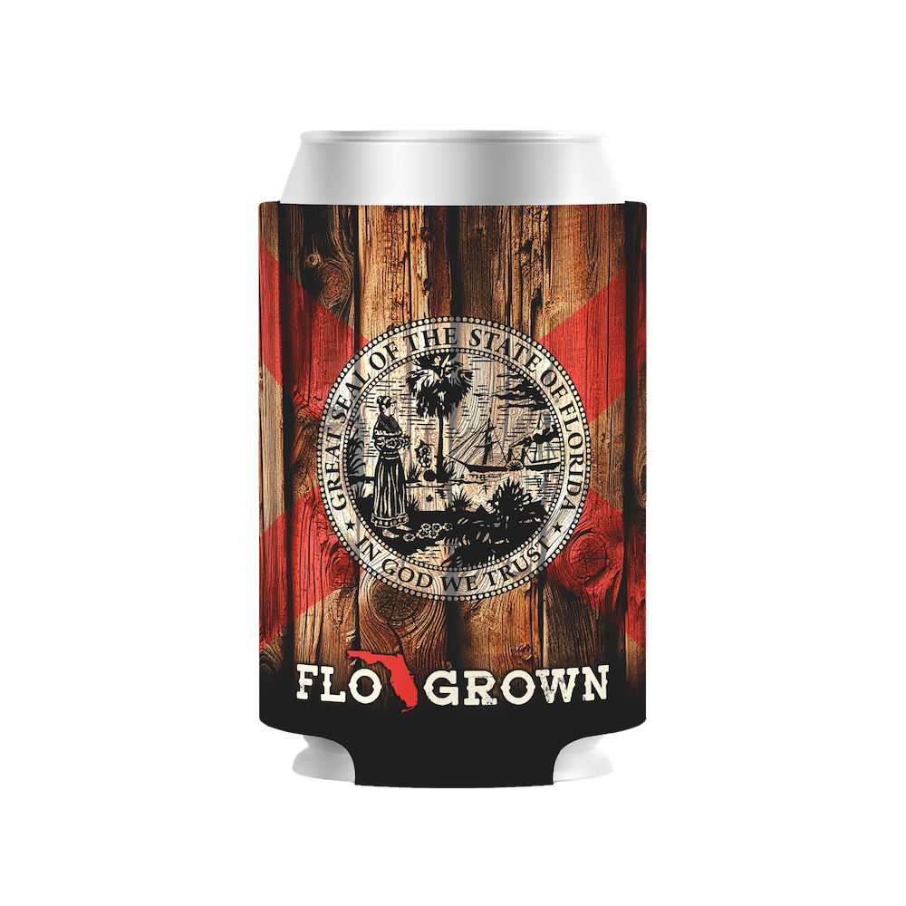 Can cooler with Florida state seal and 'FLO GROWN' text on a wooden background.