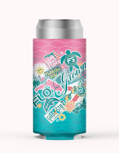 Colorful can cooler with tropical designs in the shape of stickers.