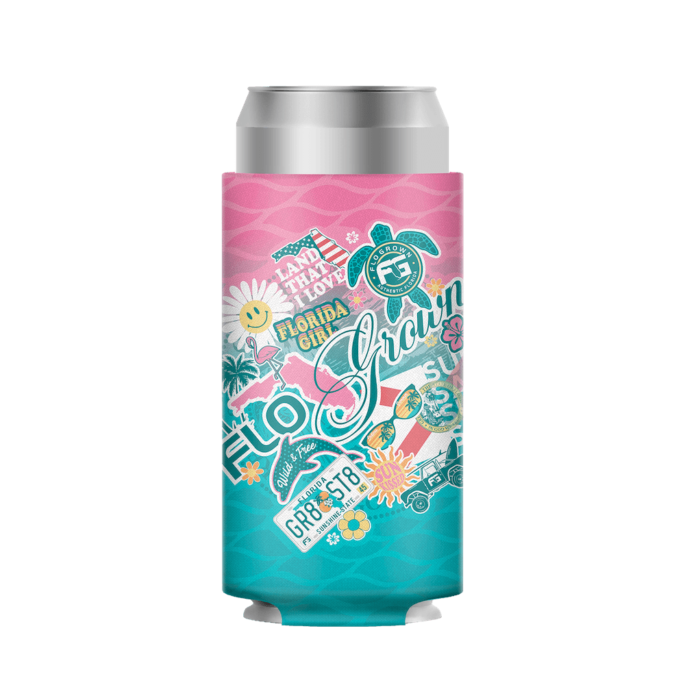 Colorful can cooler with tropical designs in the shape of stickers.