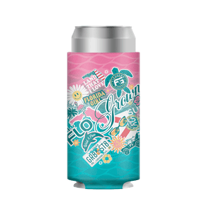 Colorful can cooler with tropical designs in the shape of stickers.