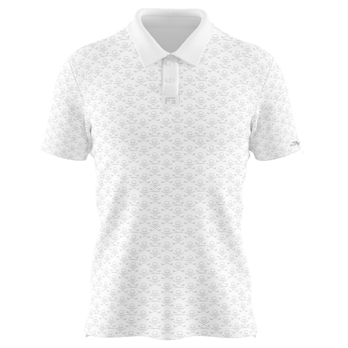 White polo with a repeating pattern in gray of a skull and crossed golf clubs.