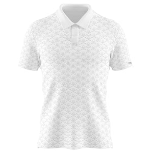 White polo with a repeating pattern in gray of a skull and crossed golf clubs.