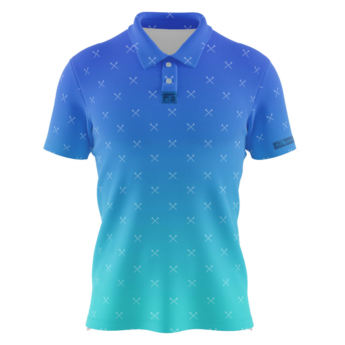 Blue to green gradient golf polo with a pattern of white crossed tees repeating across it.