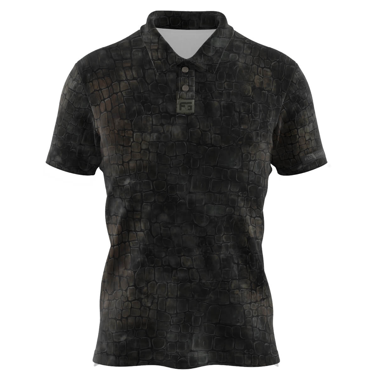 Black polo with a black and gray color and a gator skin pattern.