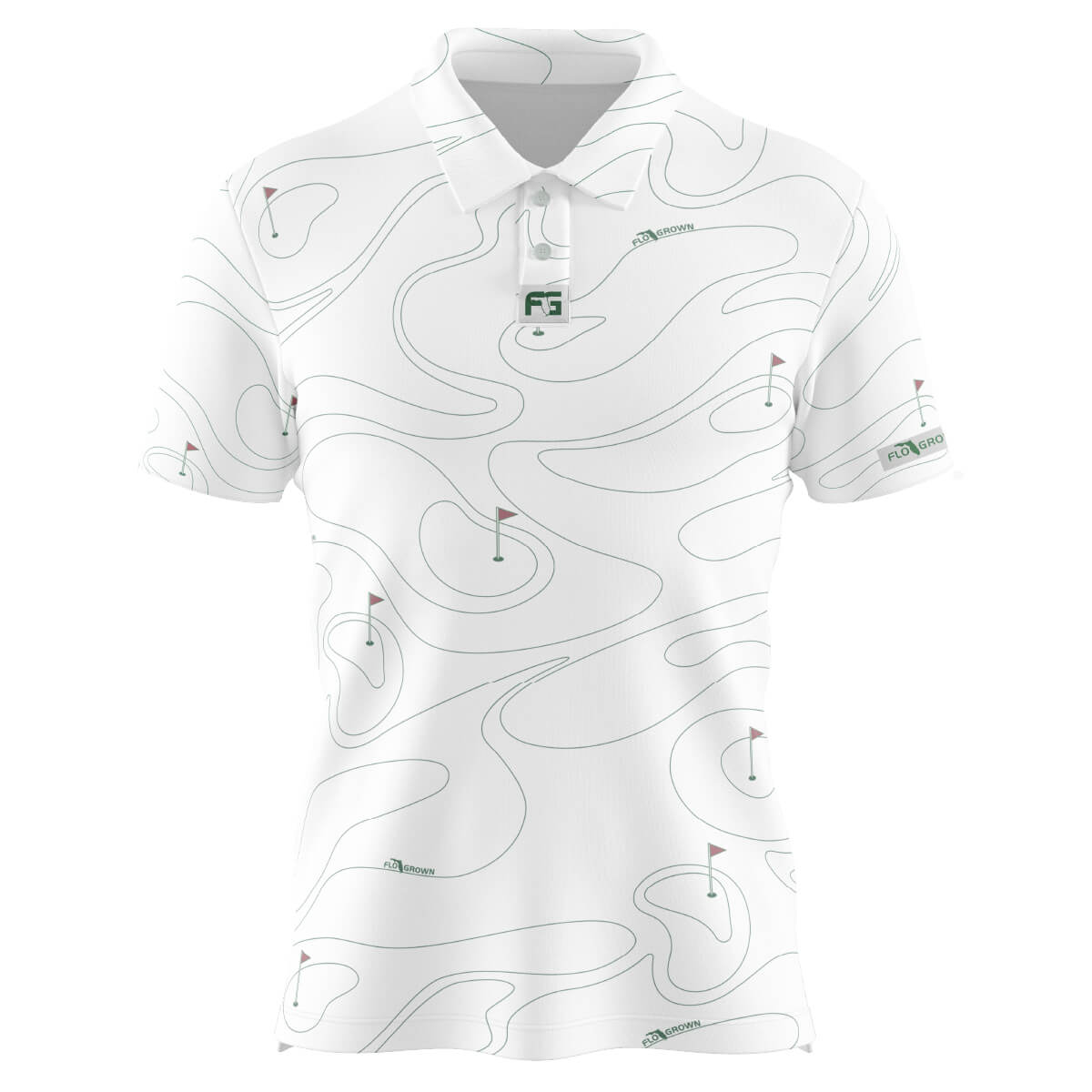 White polo with lines representing a golf course and flags in the holes.