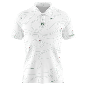 White polo with lines representing a golf course and flags in the holes.