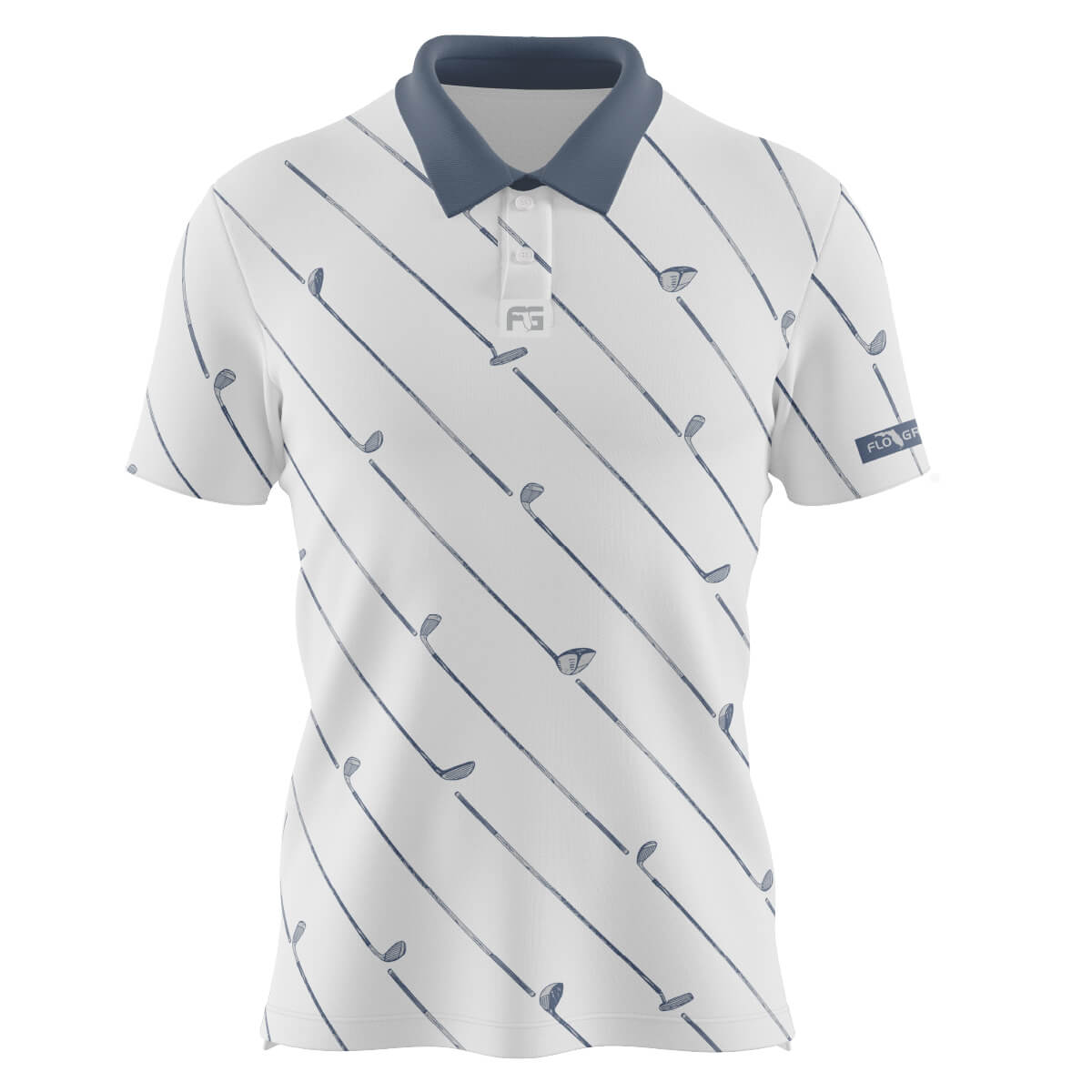 White golf polo with a line pattern in the form of golf clubs.