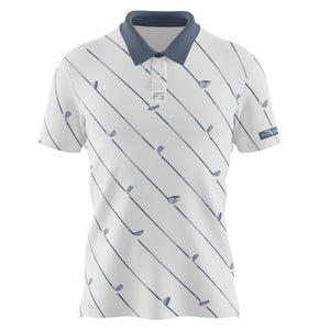 White golf polo with a line pattern in the form of golf clubs.