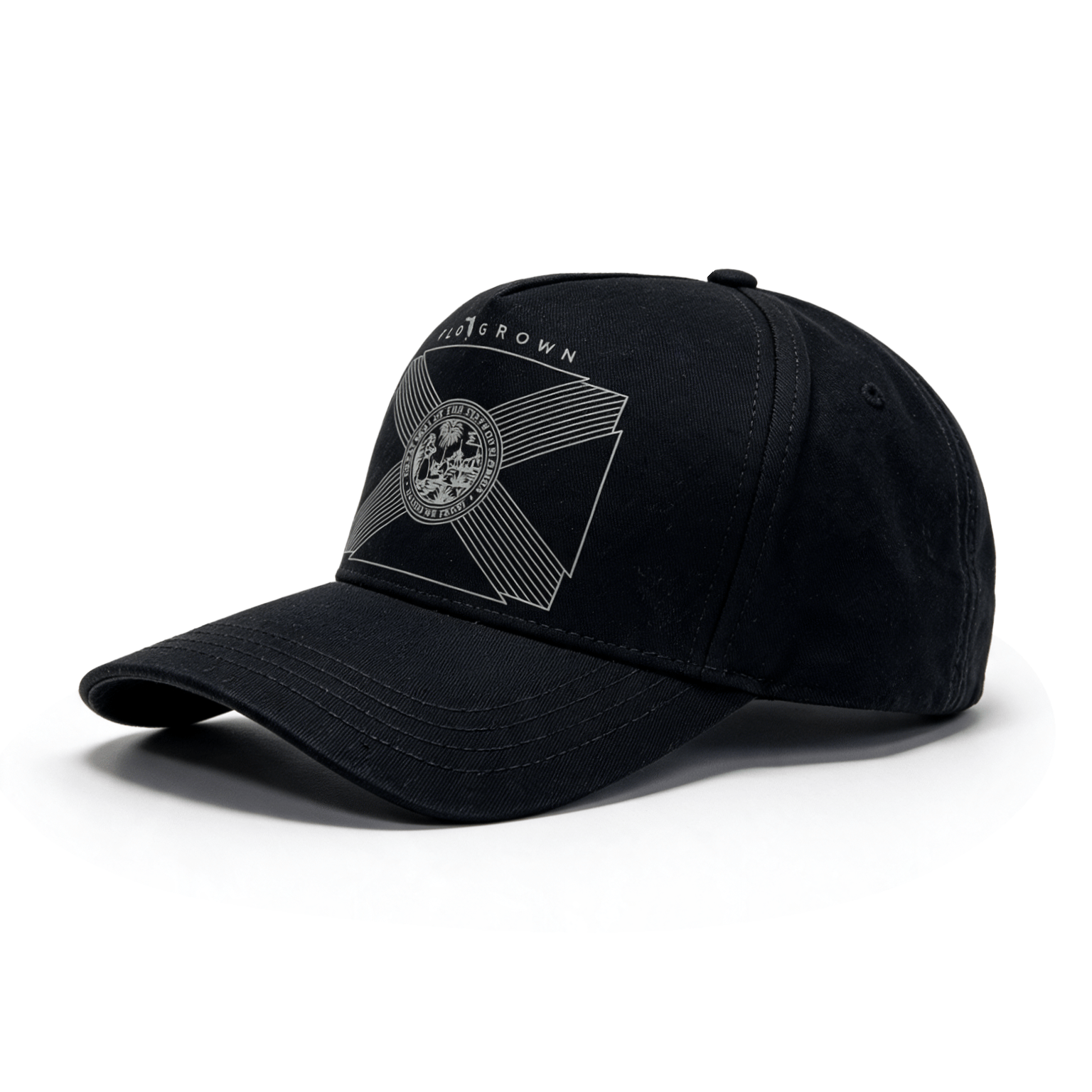 Black hat with a white graphic of the Florida flag on the crown.