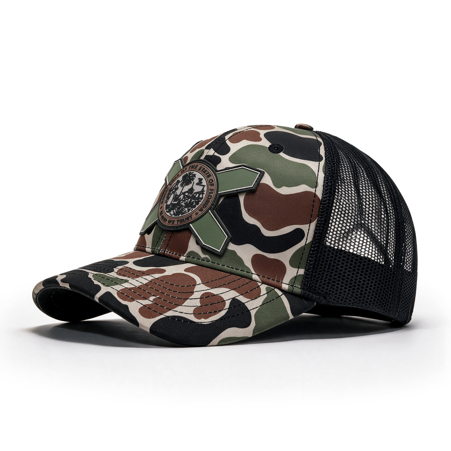 Hat with a camouflage crown and brim with a rubber patch of the Florida flag and black mesh backing.