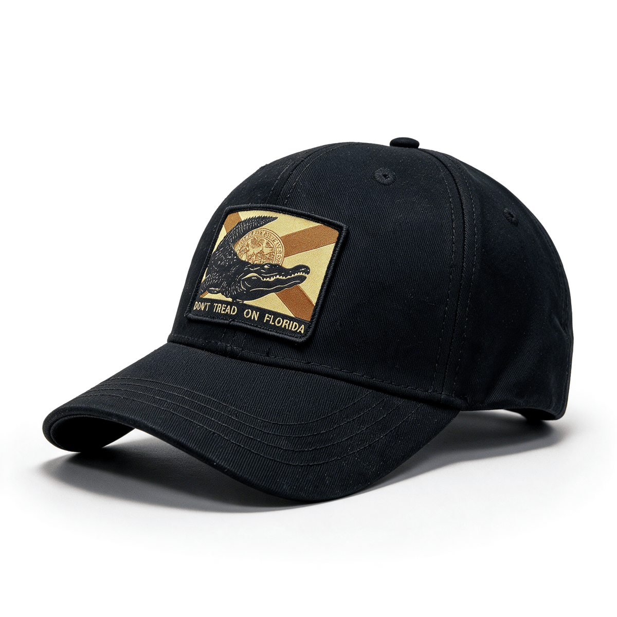 Black cap with a patch featuring the Florida flag and a gator and text 'DON'T TREAD ON FLORIDA'.