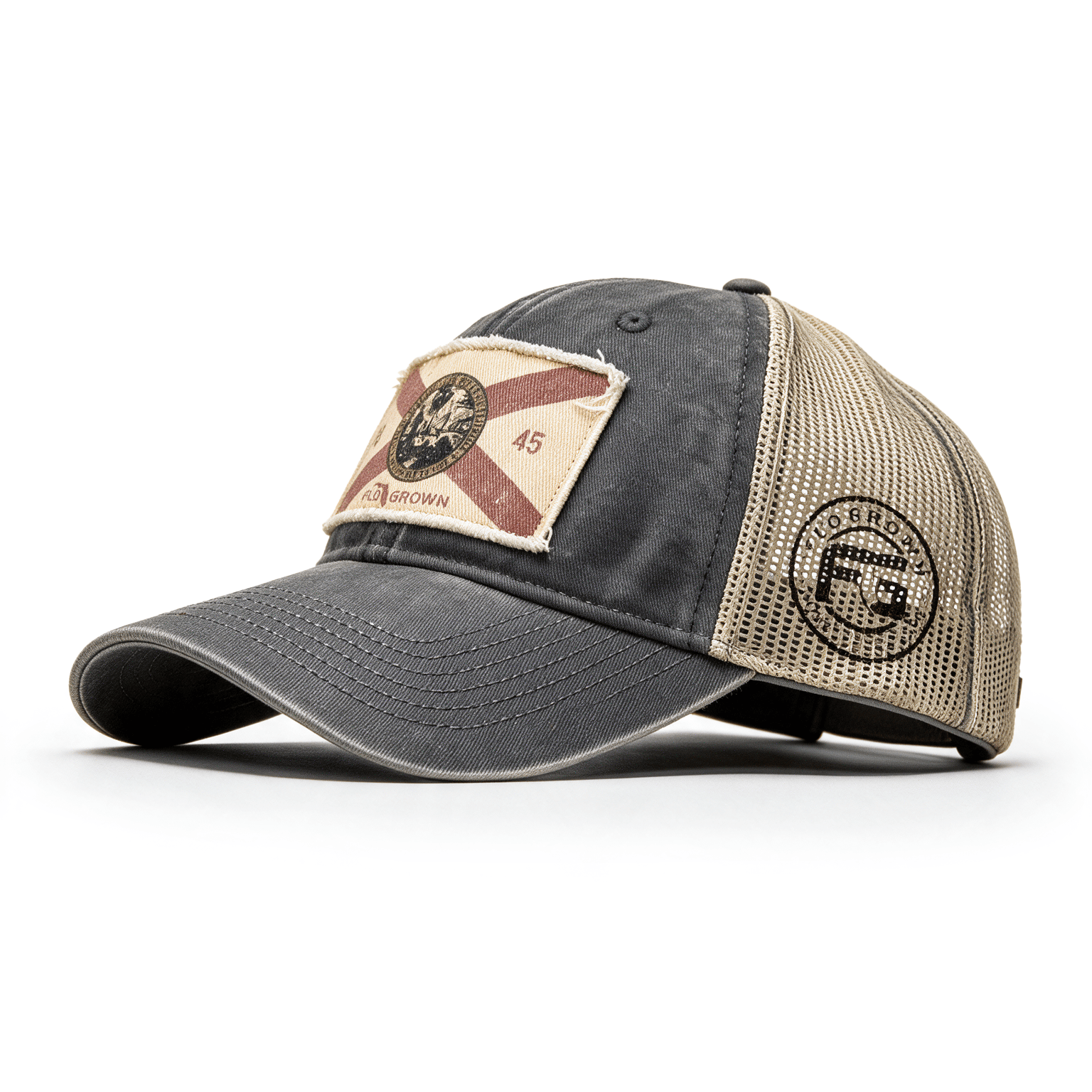 Gray hat with a distressed path of the Florida flag and a tan trucker mesh backing.