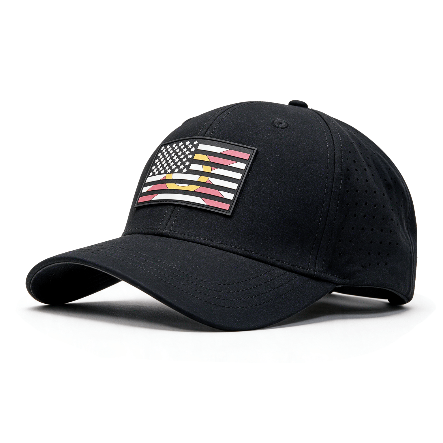 A black baseball cap with a curved brim, featuring a rectangular patch on the front that displays a stylized American flag with a red, white, black, and yellow design. The cap is photographed on a clean white background with a soft shadow.