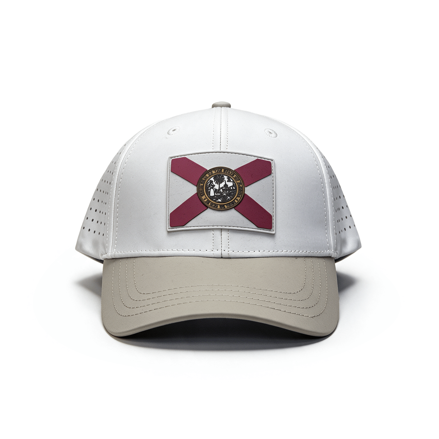 A structured baseball cap with a white front panel, maroon and gold Florida state flag patch on the front, and a light beige brim and side panels, shown on a white background.