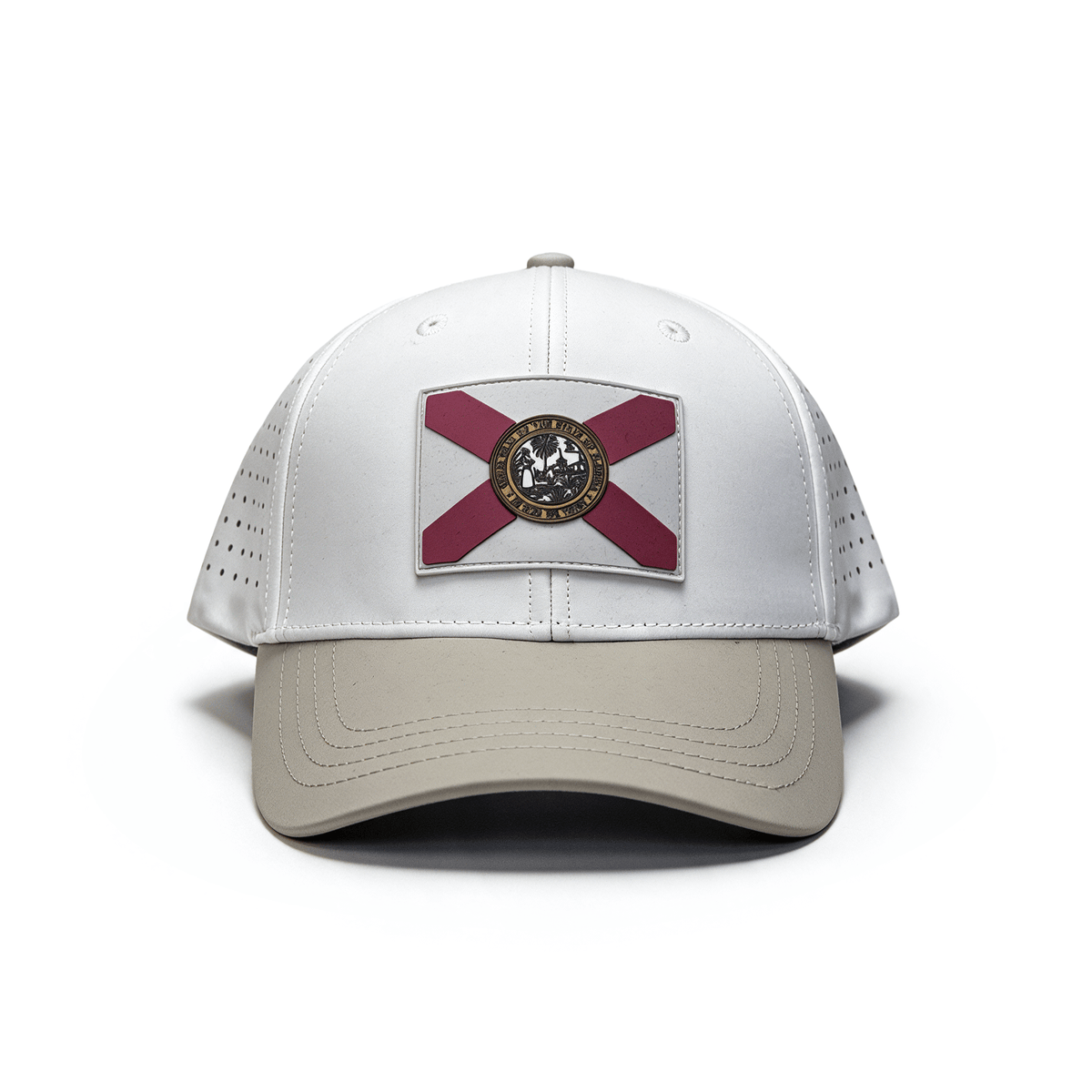 A structured baseball cap with a white front panel, maroon and gold Florida state flag patch on the front, and a light beige brim and side panels, shown on a white background.