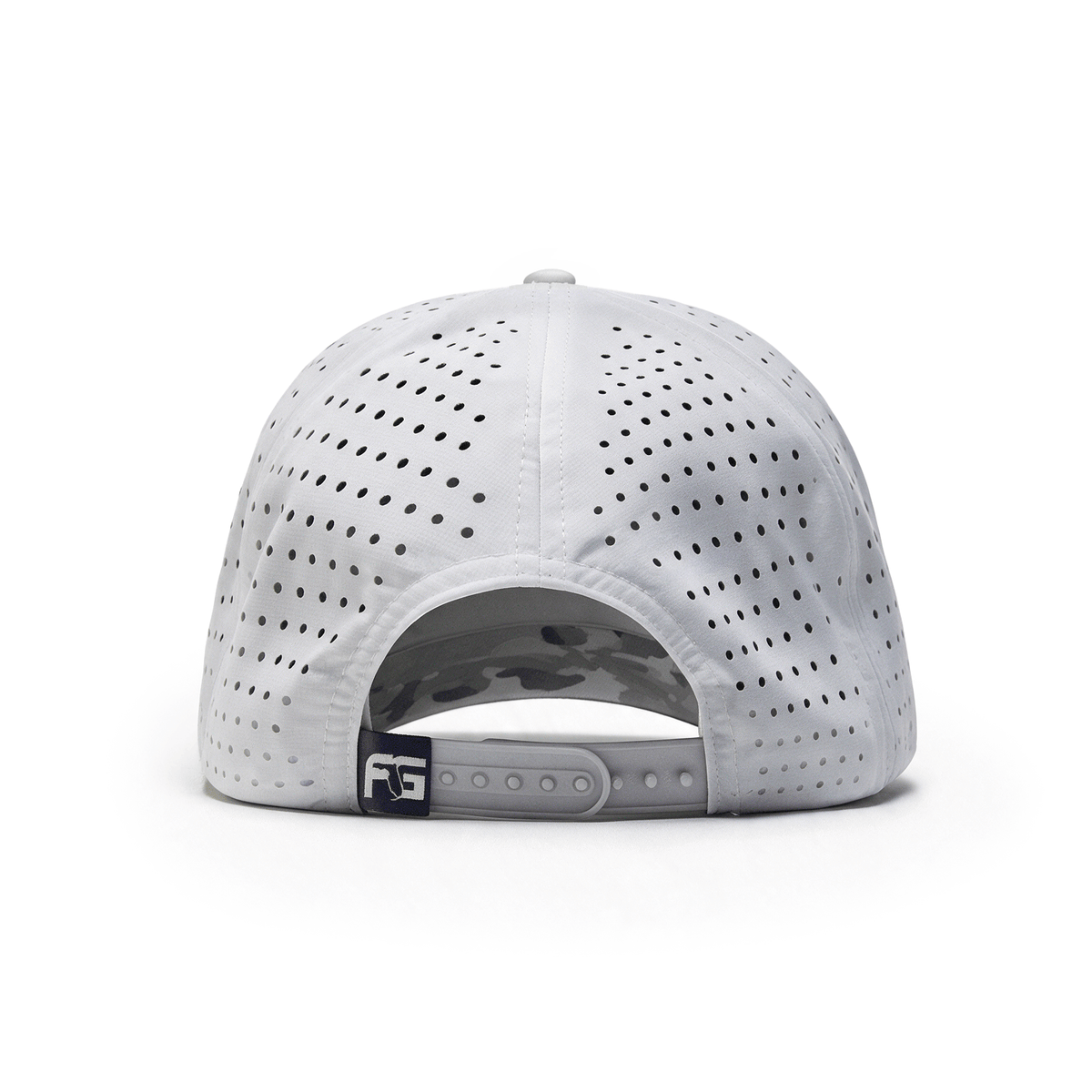 White perforated baseball cap shown from the back, featuring a gray adjustable strap and a small black and white logo patch.