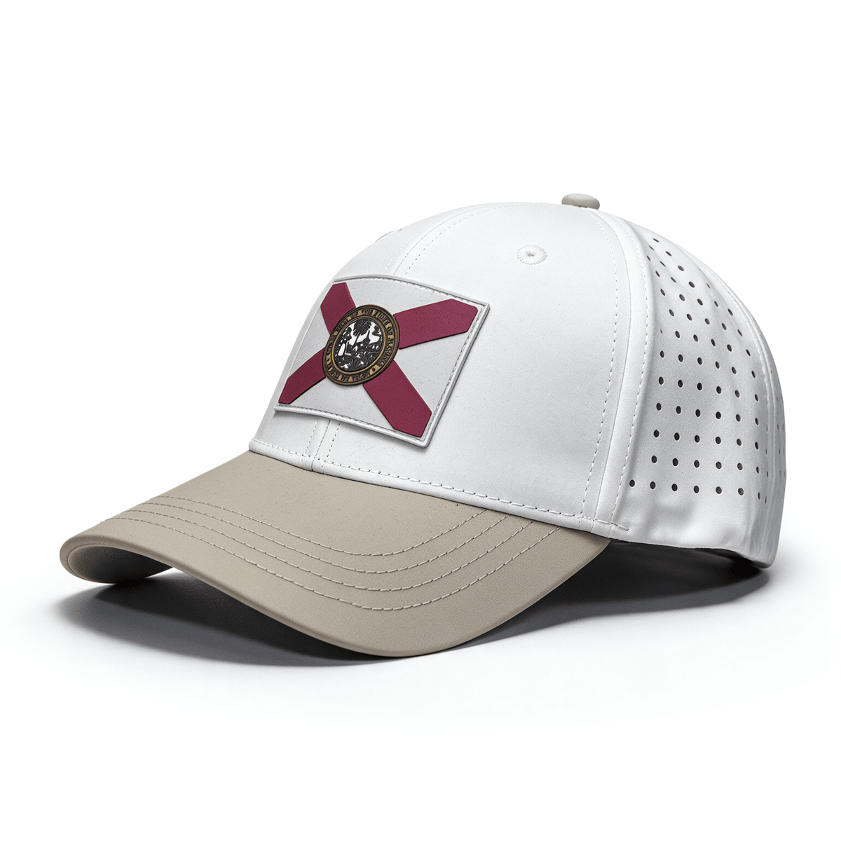 A white and beige baseball cap featuring a Florida state flag patch on the front panel, with perforated back panels and a curved brim.