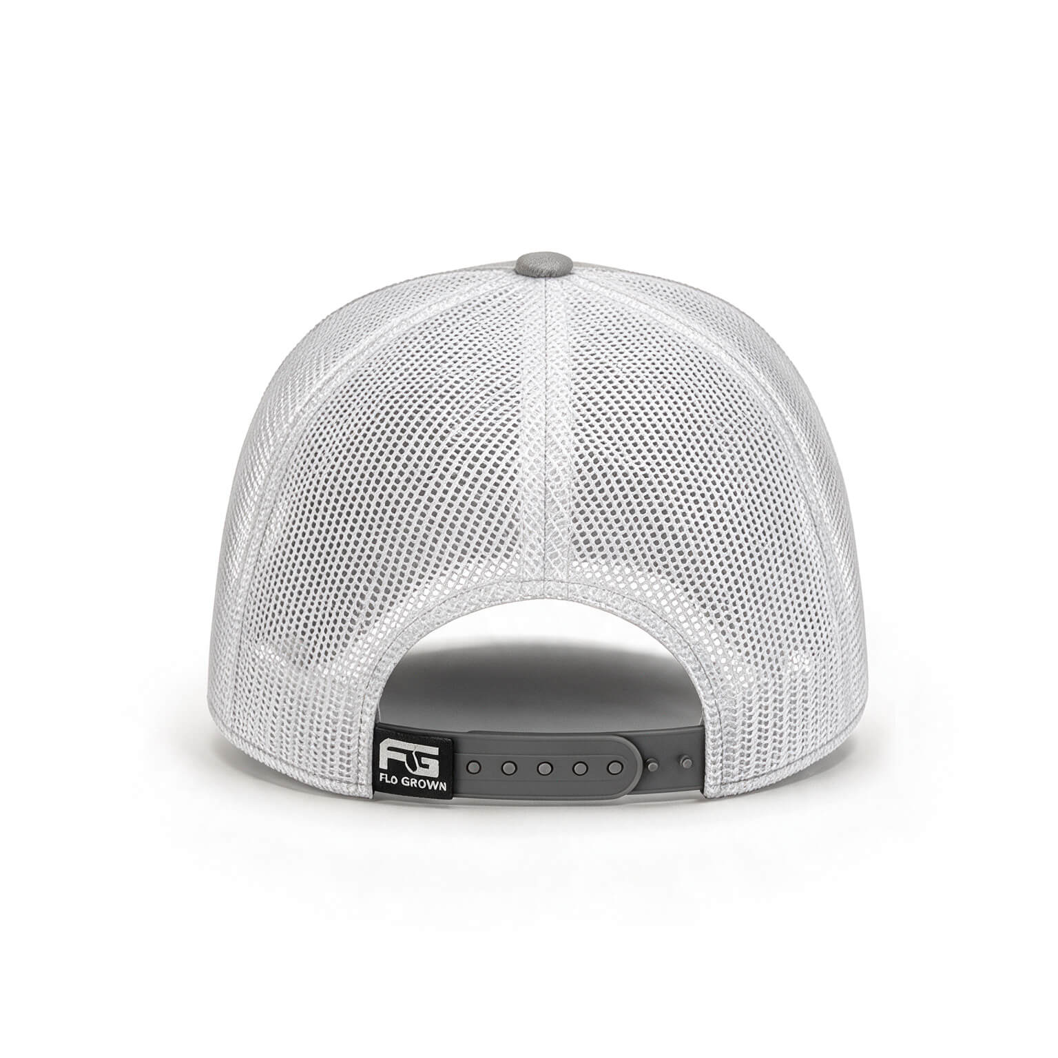 White mesh cap with a FloGrown logo on the snapback