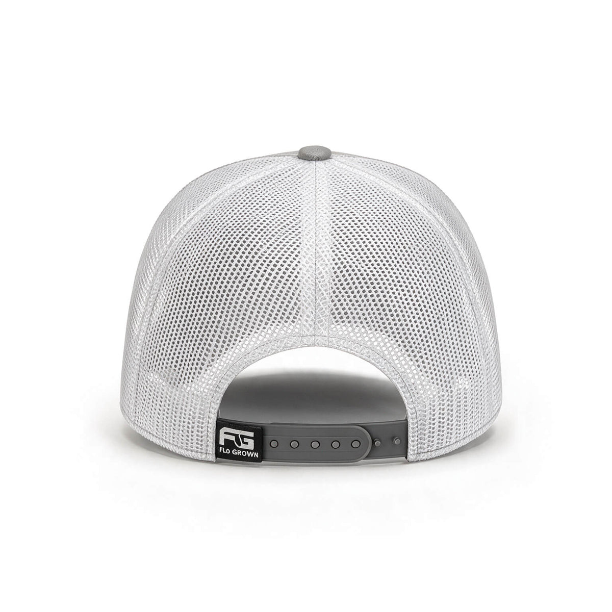 White mesh cap with a FloGrown logo on the snapback