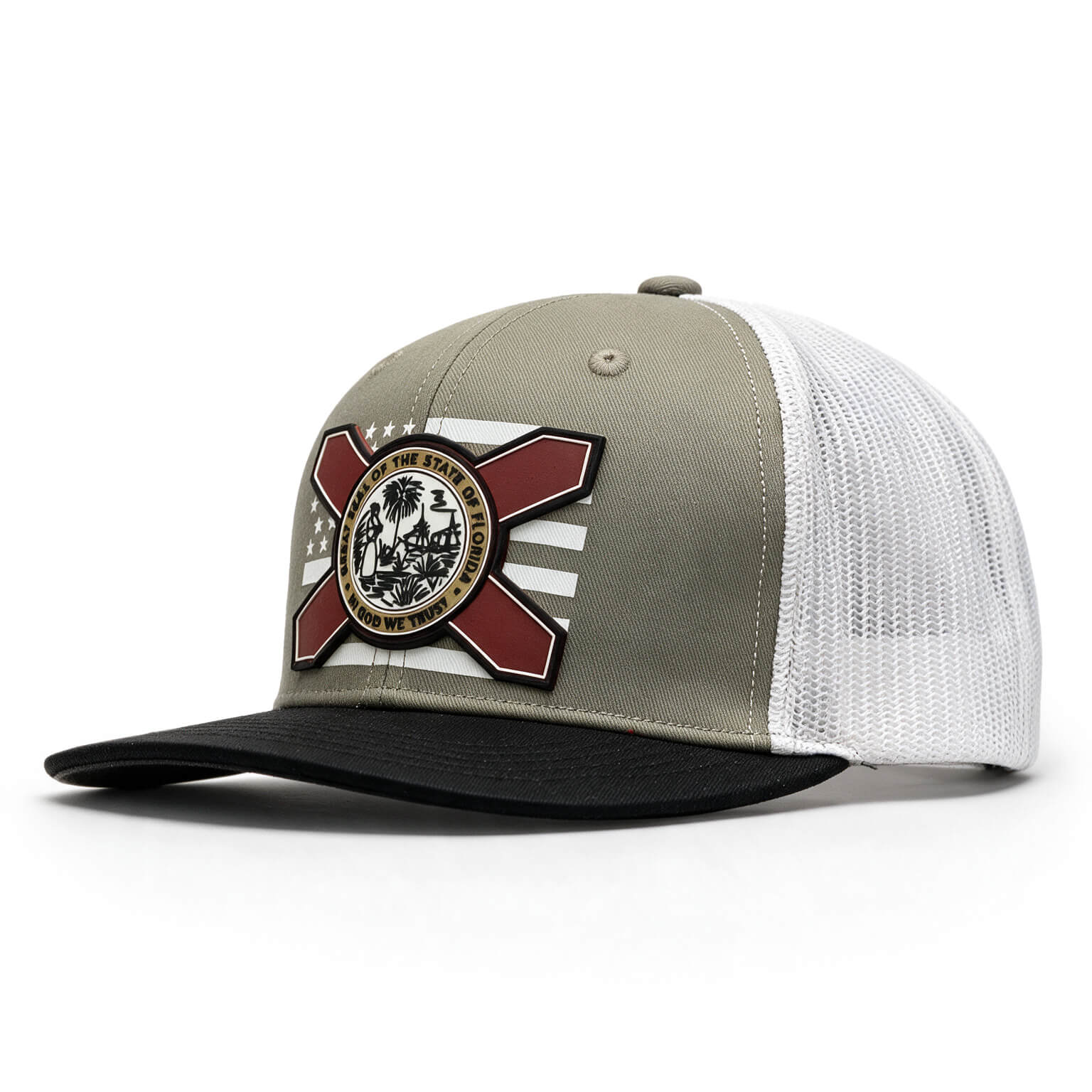 Gray trucker hat with a patch of the Florida flag over the American flag