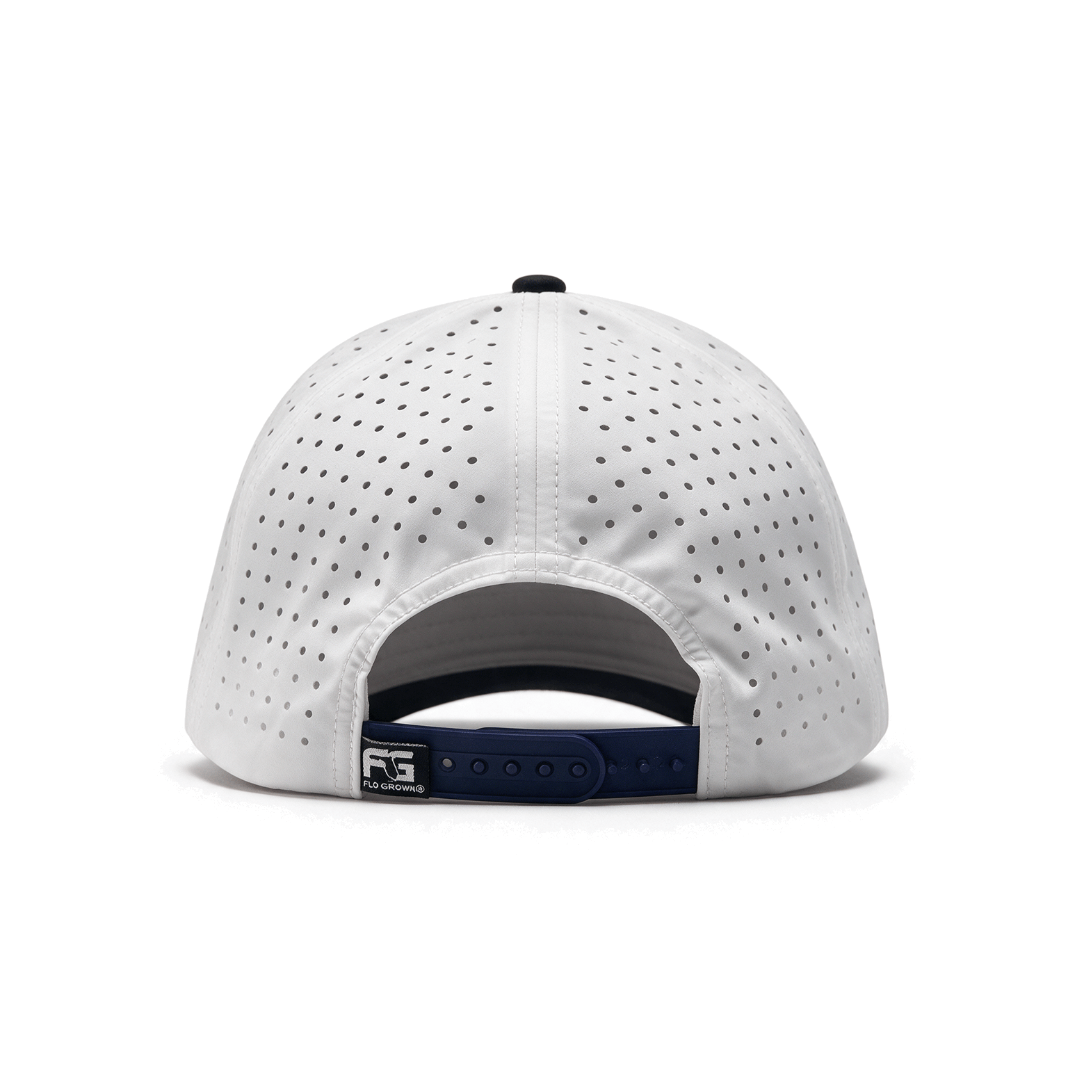 Back view showing a perforated backing and adjustable snapback.