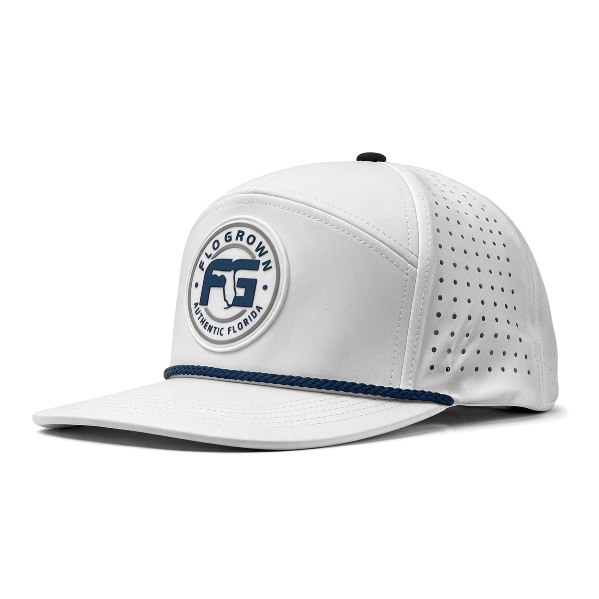 A white hat with a rubber patch of the FloGrown logo on the crown and a navy rope across the brim.