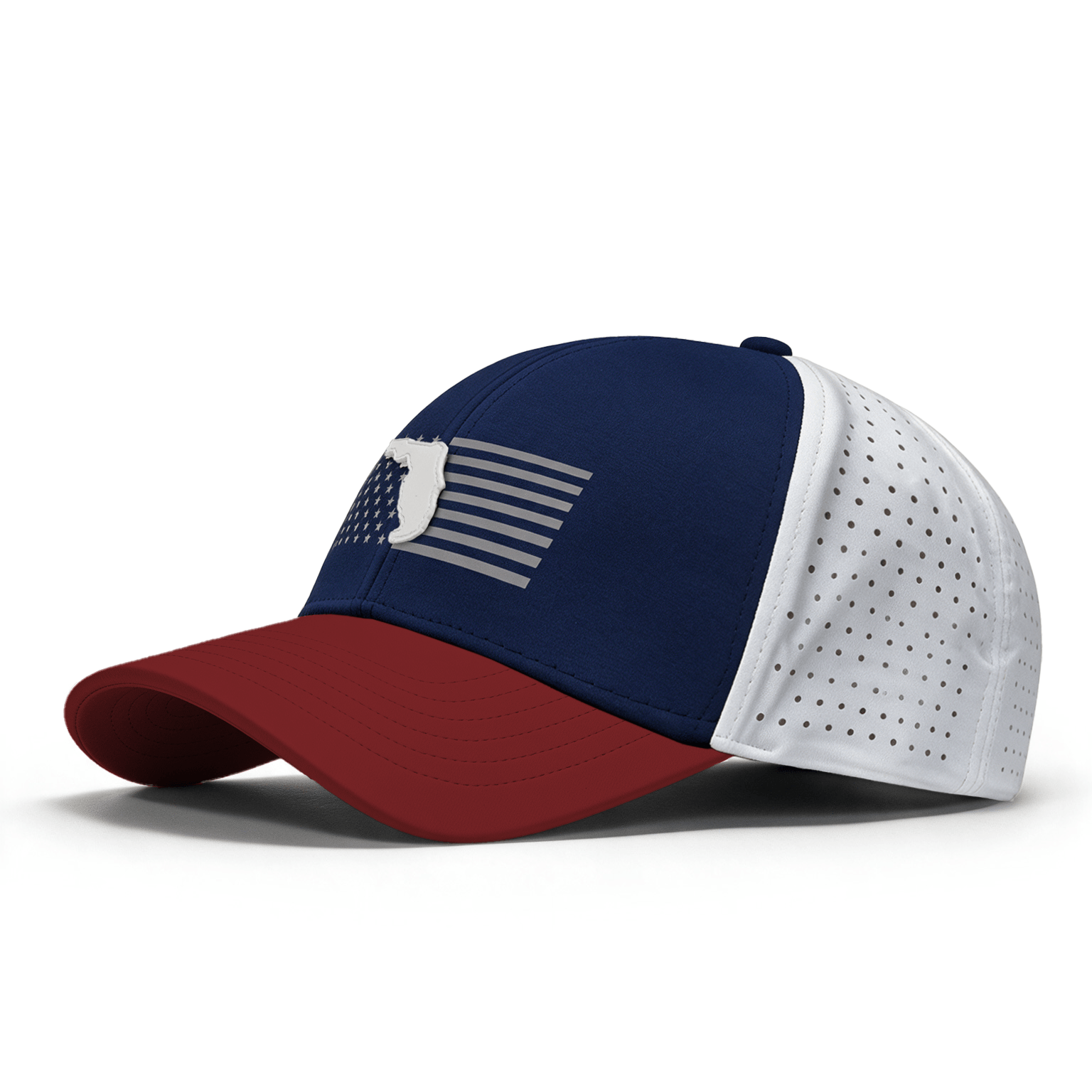 A structured baseball cap with a navy blue front panel, a white perforated back, and a dark red curved brim. The front panel features a white silhouette of Florida overlaid with a stylized American flag design.