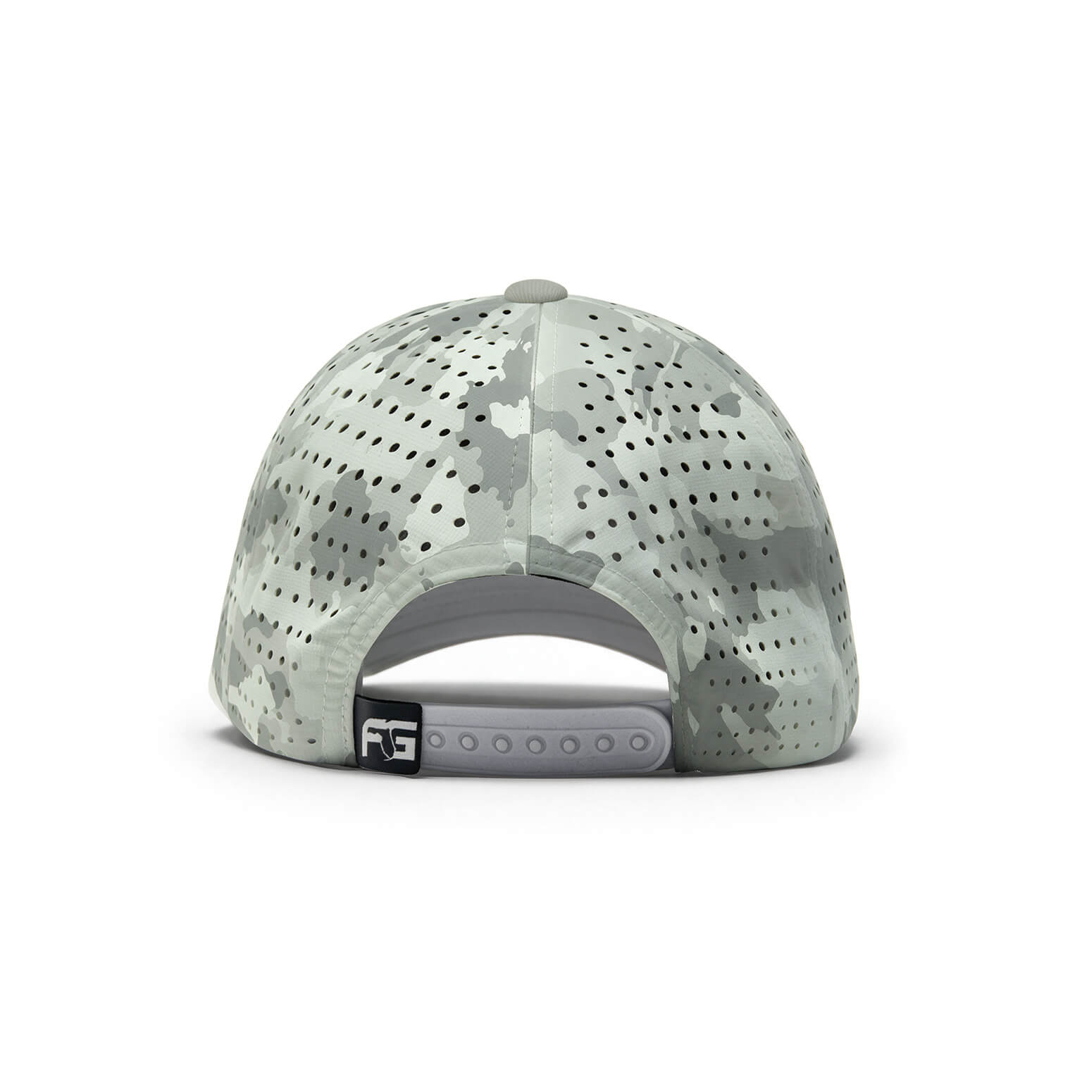 Rear view of a structured snapback cap in a light gray and white camouflage pattern with perforated panels, featuring a gray adjustable strap and a small black logo patch.