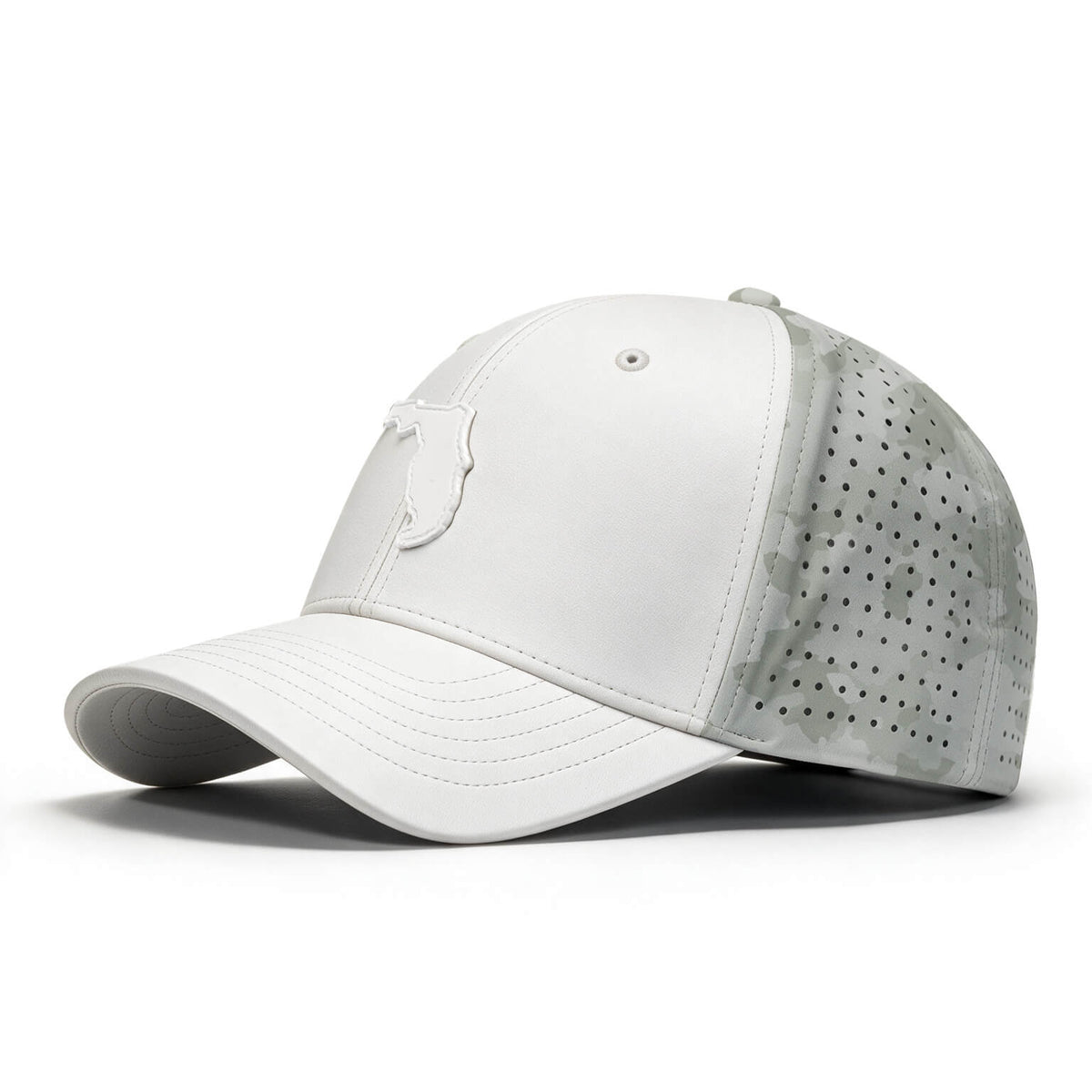 A white baseball cap with a smooth front panel and brim, perforated gray mesh side and back panels, and a small white Florida patch on the front, shown on a clean white background.