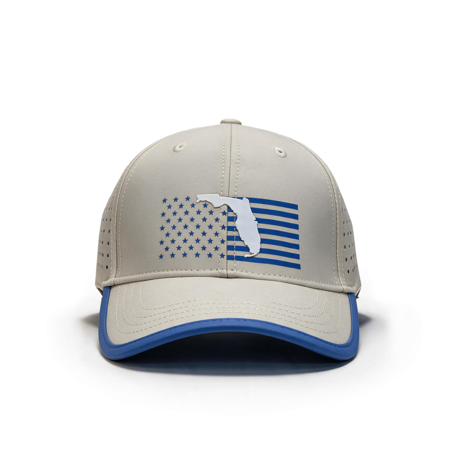 Full front view showing the USA flag and Florida patch on the crown and both sides with perforated holes.