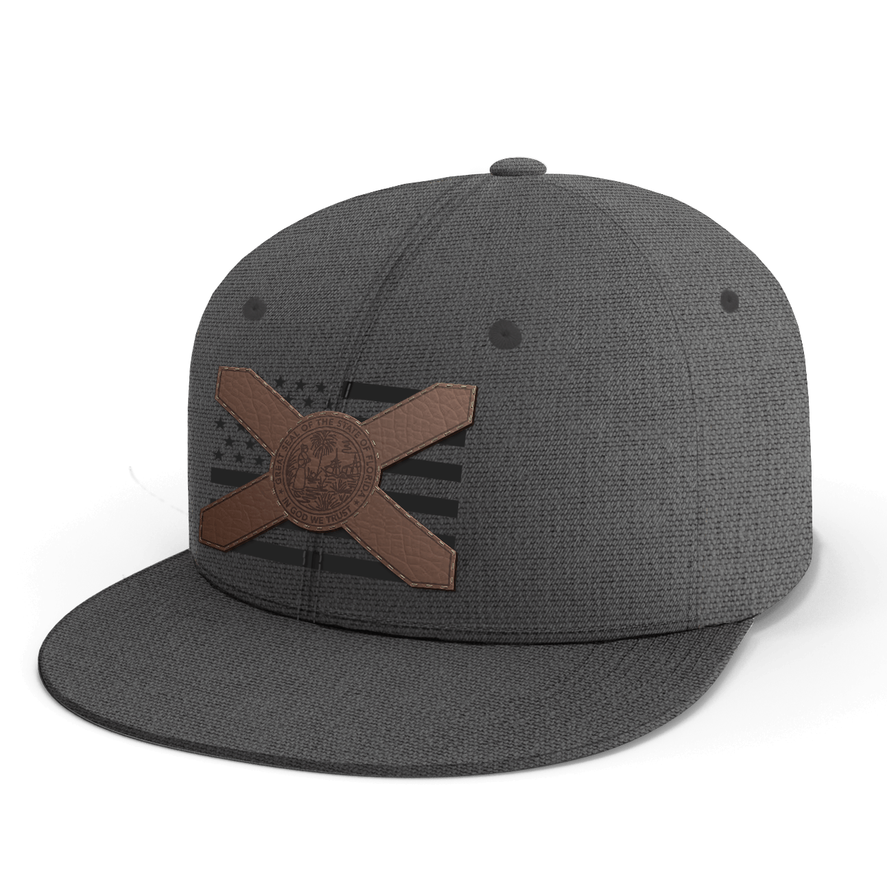 A dark gray textured flat-brim cap featuring a brown leather Florida flag patch with a central circular emblem and a faded black American flag design on the back panel.