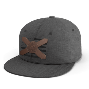 A dark gray textured flat-brim cap featuring a brown leather Florida flag patch with a central circular emblem and a faded black American flag design on the back panel.