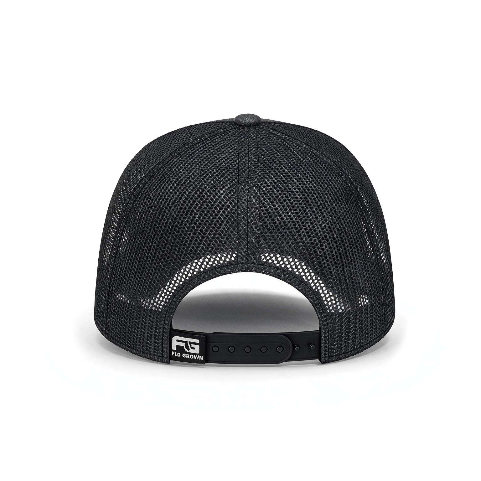 Black mesh trucker cap shown from the back, featuring a black adjustable snapback closure with a white 'FG' logo patch.