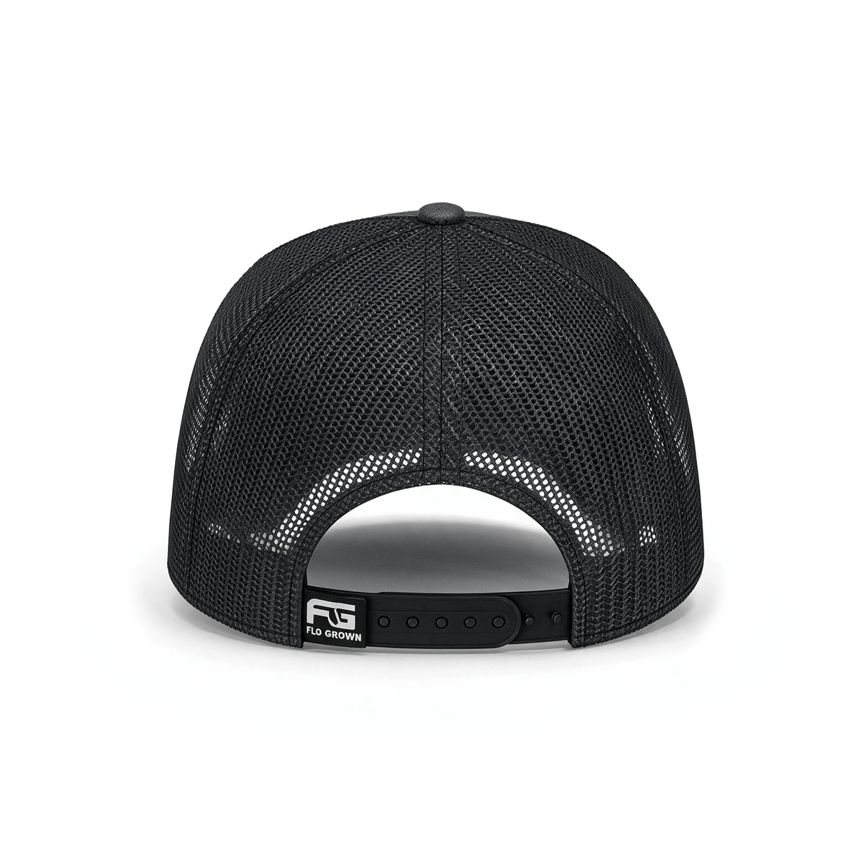 Black mesh trucker cap shown from the back, featuring a black adjustable snapback closure with a white 'FG' logo patch.