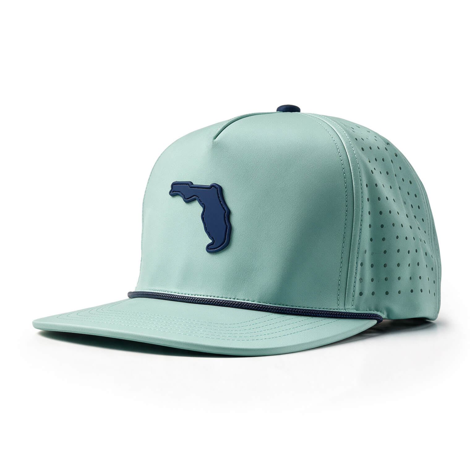 A mint green flat-brim baseball cap with a navy blue Florida state silhouette patch on the front, set against a plain white background.
