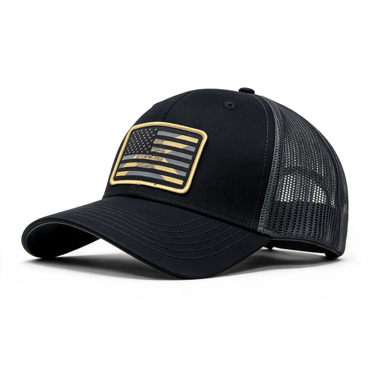 Black trucker cap with American flag patch over the Florida flag