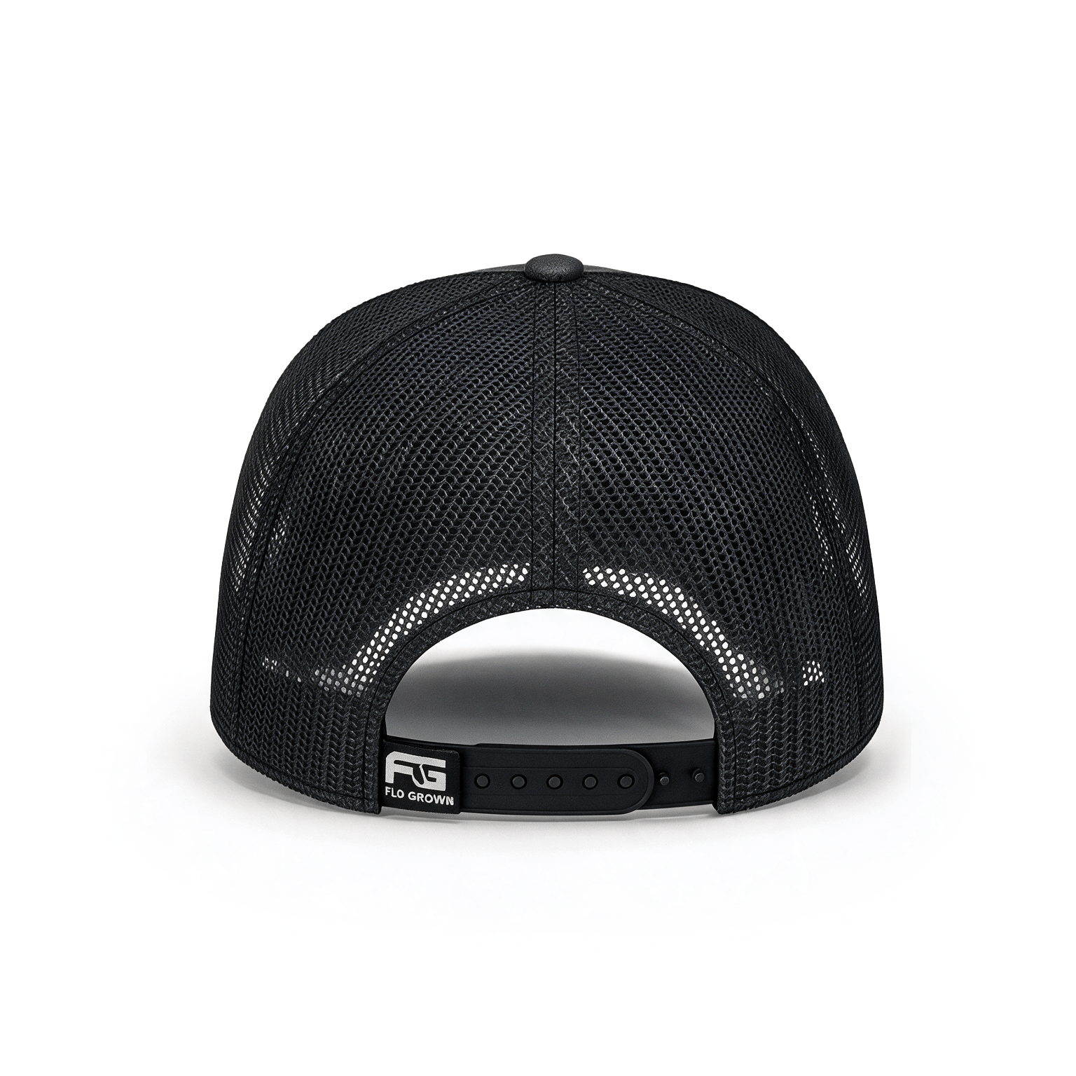 Black mesh trucker cap shown from the back, featuring a black adjustable snapback closure with a visible 'FG' logo patch on the side, set against a plain white background.