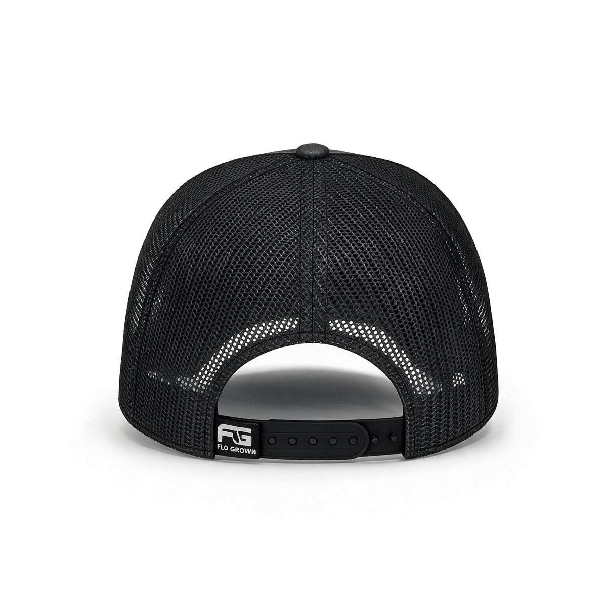 Black mesh trucker cap shown from the back, featuring a black adjustable snapback closure with a visible 'FG' logo patch on the side, set against a plain white background.