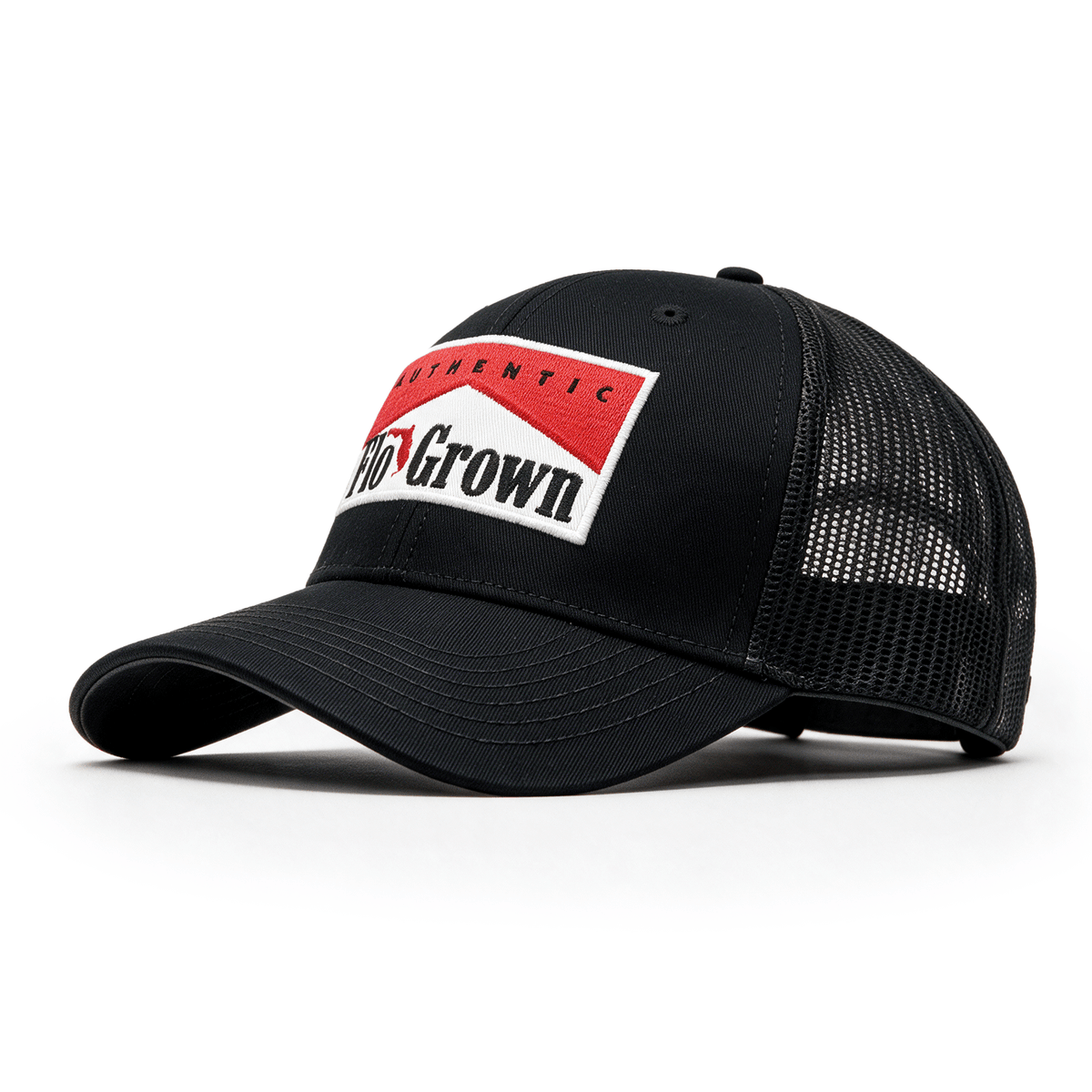 A black trucker-style cap with a curved brim, black mesh back panels, and a front patch logo that reads 'Authentic' in red, white, and black.